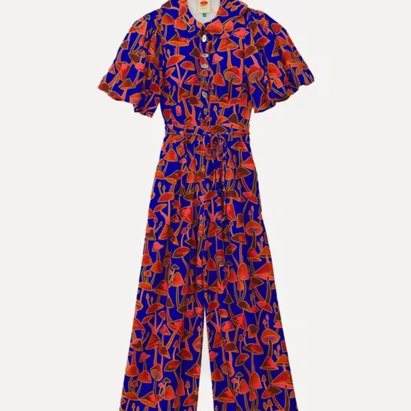 RARE ❣️FARM Rio Blue and Red Floral Jumpsuit with Flutter Sleeves